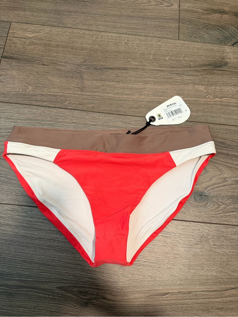 Prana women’s pink Bikini Bottoms with Taupe Waistband size medium NWT
